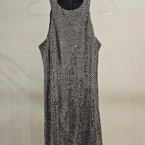 All That Jazz Silver Foil Dot Sequin Knit Halter Mini Dress (Zipper Back, Lined) - Picture 1 of 5